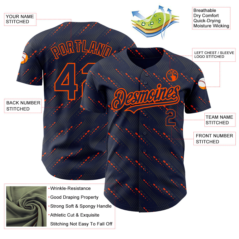 Custom Navy Orange 3D Pattern Design Slant Lines Authentic Baseball Jersey