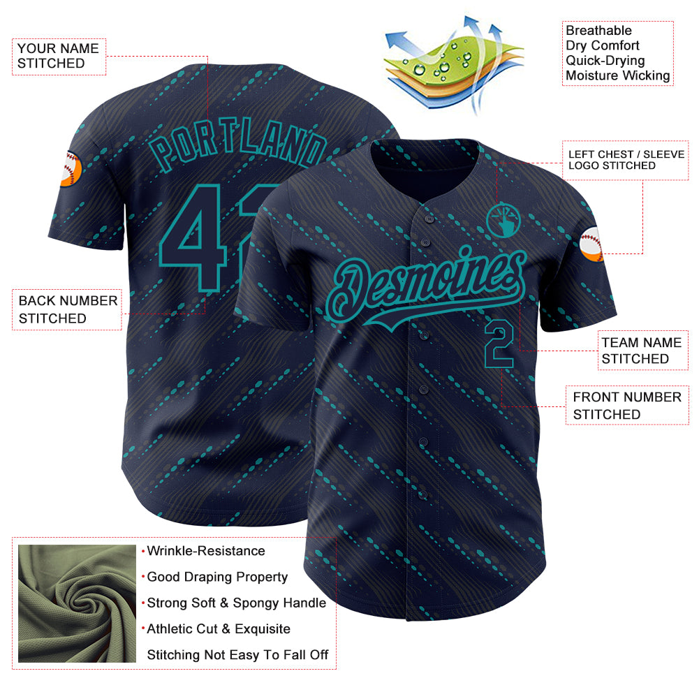 Custom Navy Teal 3D Pattern Design Slant Lines Authentic Baseball Jersey