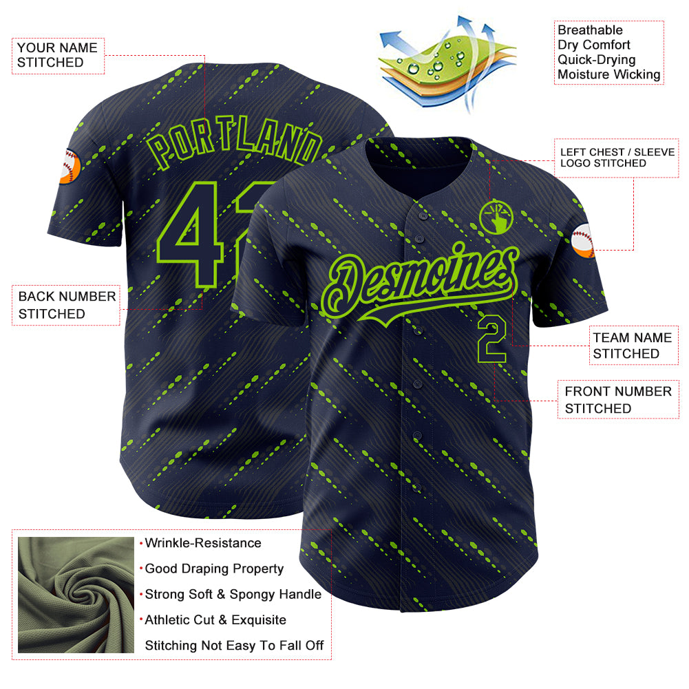 Custom Navy Neon Green 3D Pattern Design Slant Lines Authentic Baseball Jersey