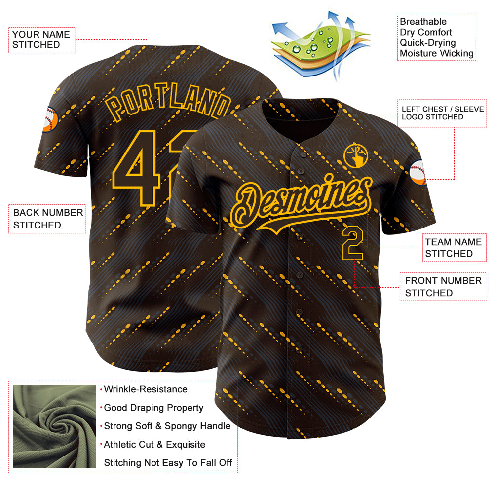 Custom Brown Gold 3D Pattern Design Slant Lines Authentic Baseball Jersey