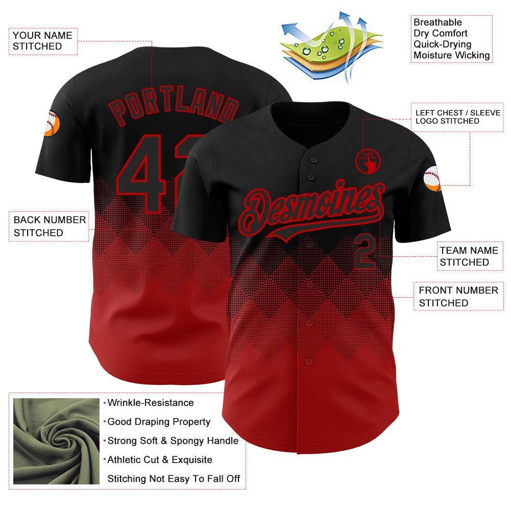 Custom Black Red 3D Pattern Design Gradient Square Shapes Authentic Baseball Jersey