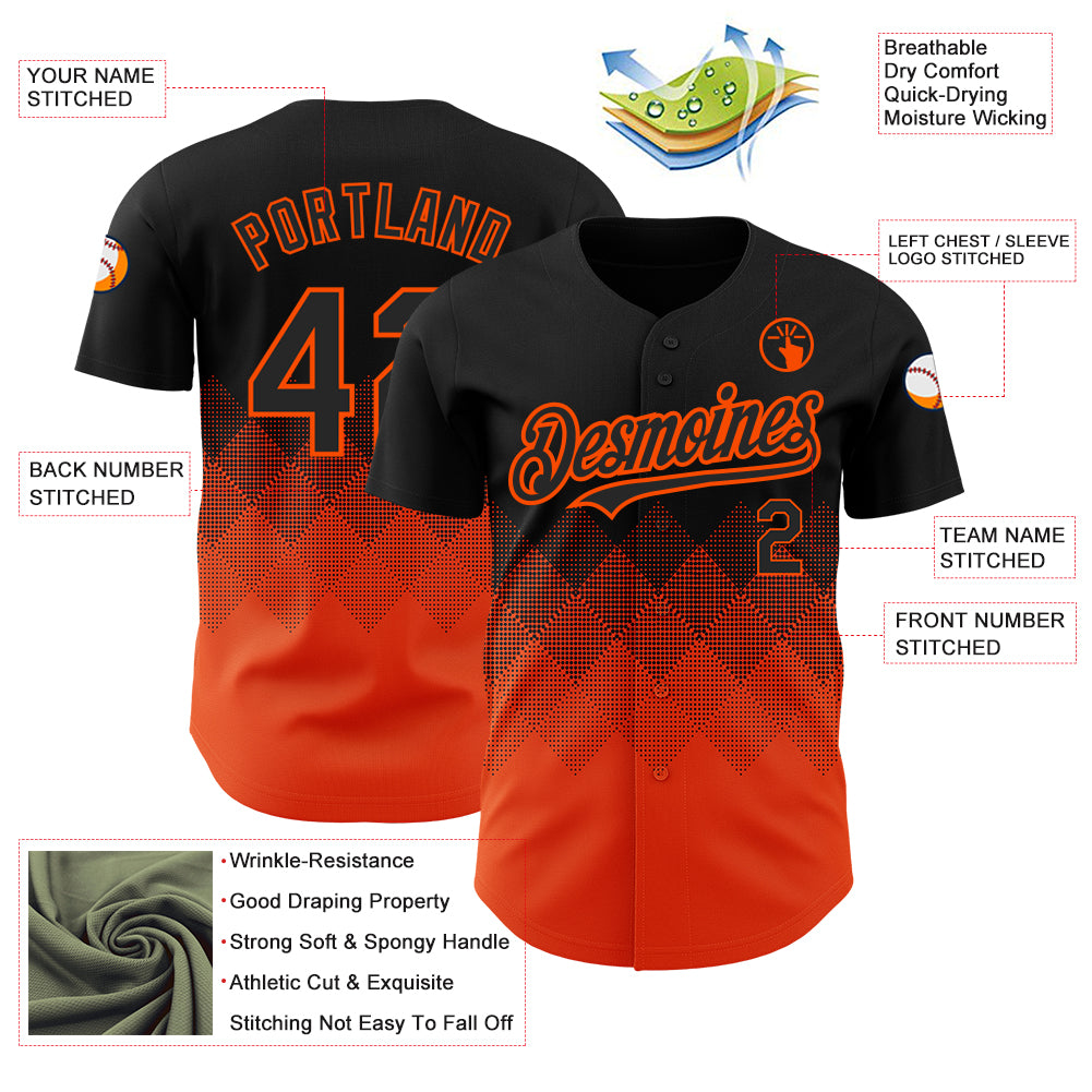 Custom Black Orange 3D Pattern Design Gradient Square Shapes Authentic Baseball Jersey