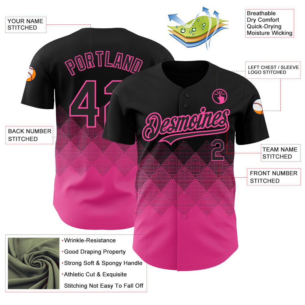 Custom Black Pink 3D Pattern Design Gradient Square Shapes Authentic Baseball Jersey