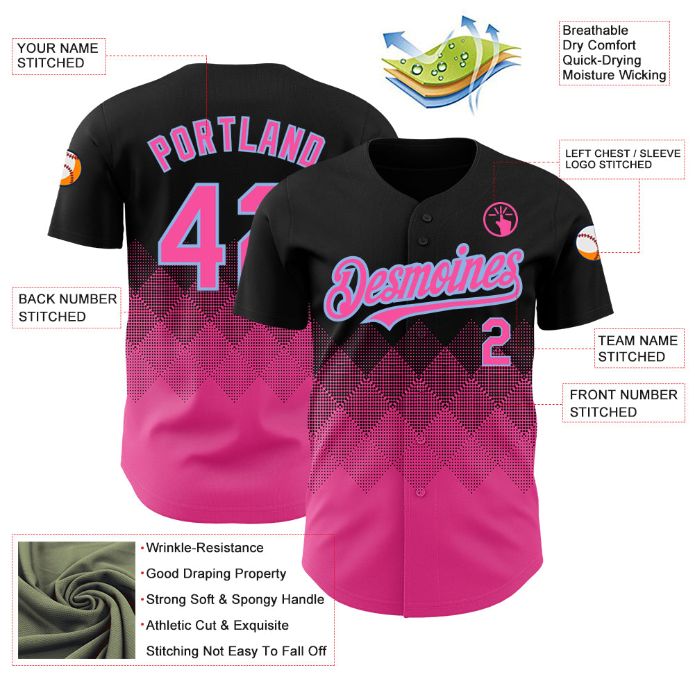 Custom Black Pink-Light Blue 3D Pattern Design Gradient Square Shapes Authentic Baseball Jersey