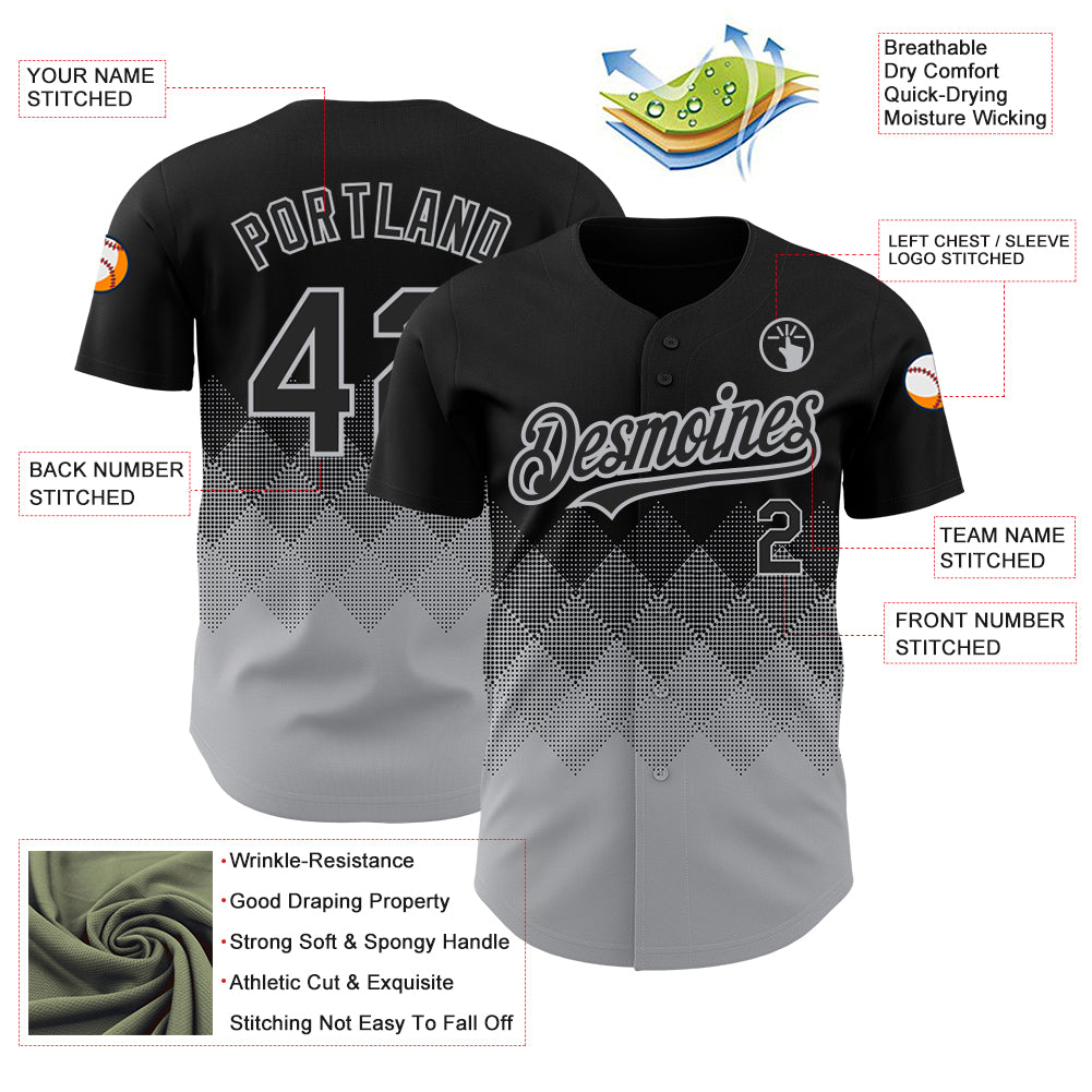 Custom Black Gray 3D Pattern Design Gradient Square Shapes Authentic Baseball Jersey