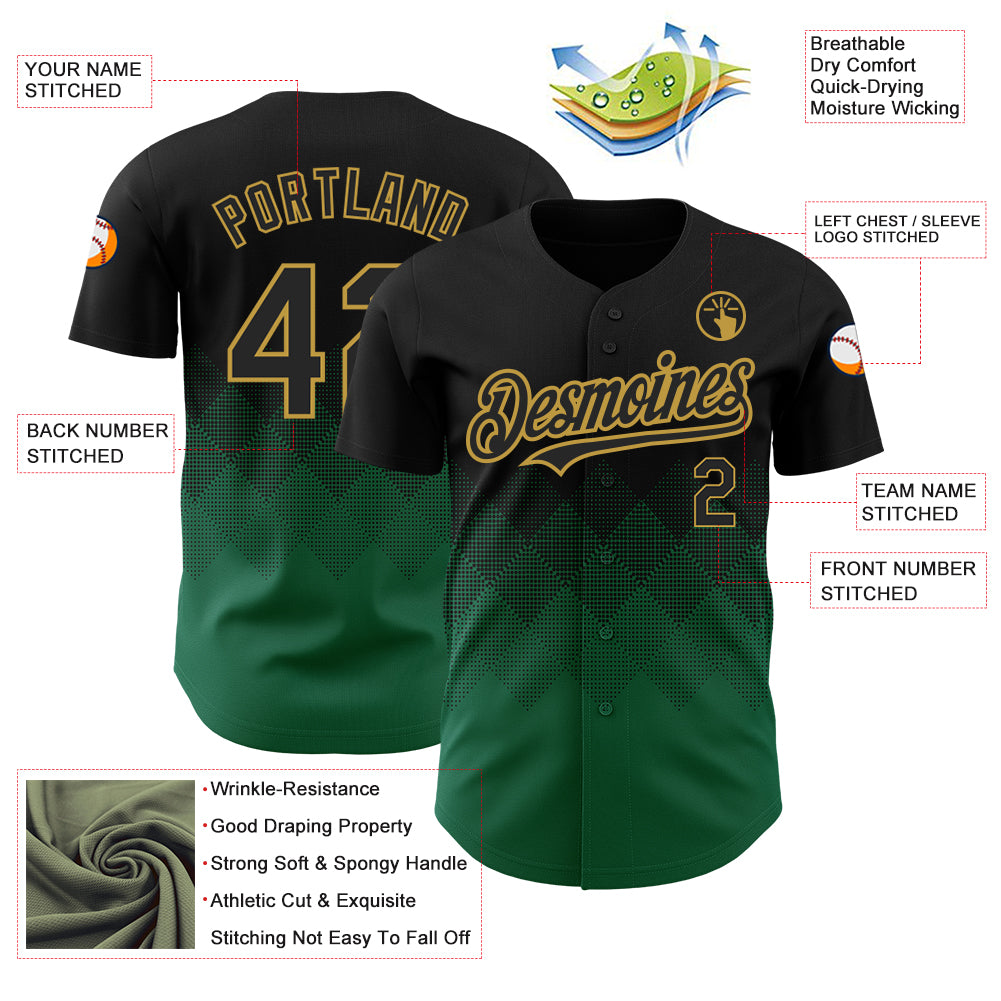 Custom Black Kelly Green-Old Gold 3D Pattern Design Gradient Square Shapes Authentic Baseball Jersey