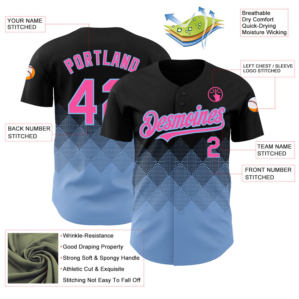 Custom Black Pink-Light Blue 3D Pattern Design Gradient Square Shapes Authentic Baseball Jersey