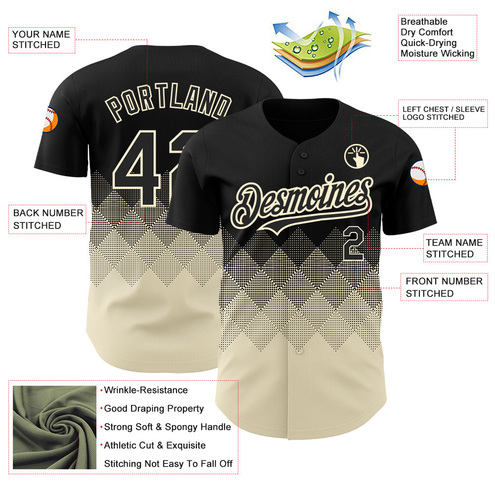 Custom Black Cream 3D Pattern Design Gradient Square Shapes Authentic Baseball Jersey