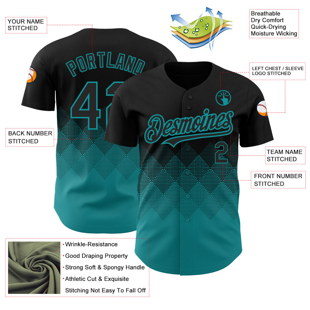 Custom Black Teal 3D Pattern Design Gradient Square Shapes Authentic Baseball Jersey