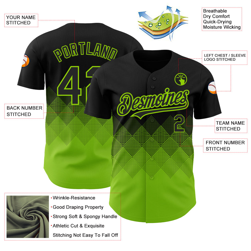Custom Black Neon Green 3D Pattern Design Gradient Square Shapes Authentic Baseball Jersey