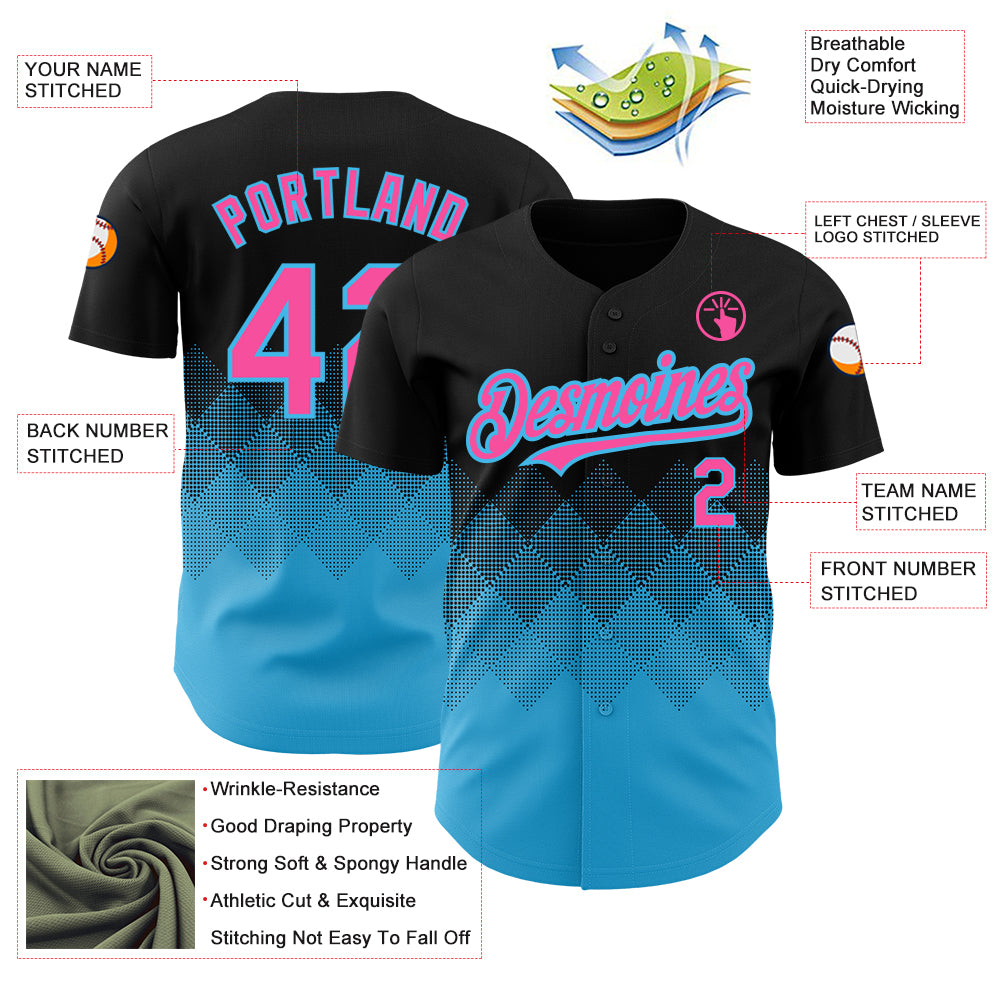 Custom Black Pink-Sky Blue 3D Pattern Design Gradient Square Shapes Authentic Baseball Jersey