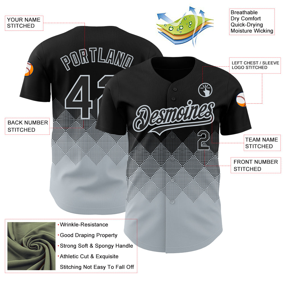 Custom Black Silver 3D Pattern Design Gradient Square Shapes Authentic Baseball Jersey