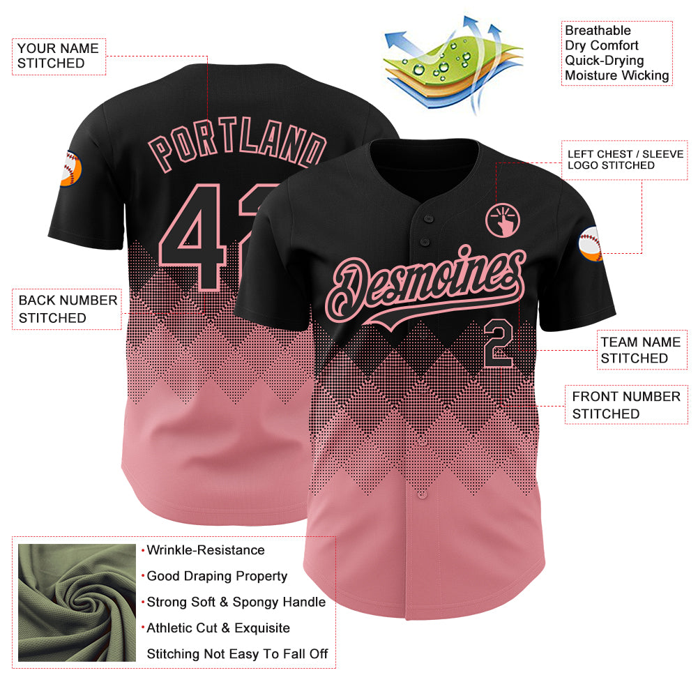Custom Black Medium Pink 3D Pattern Design Gradient Square Shapes Authentic Baseball Jersey