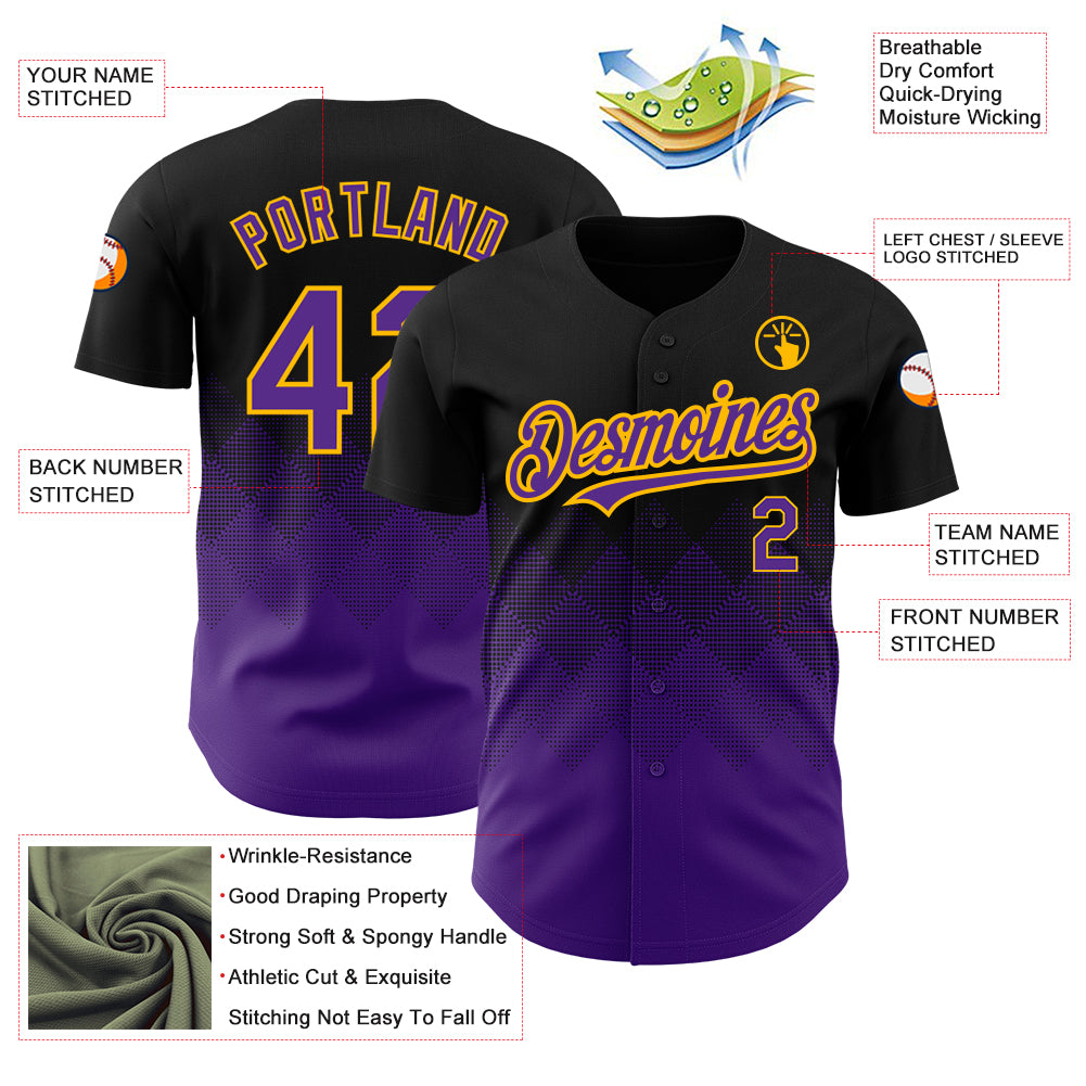 Custom Black Purple-Gold 3D Pattern Design Gradient Square Shapes Authentic Baseball Jersey