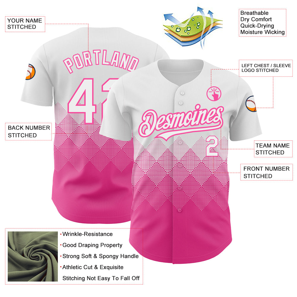 Custom White Pink 3D Pattern Design Gradient Square Shapes Authentic Baseball Jersey