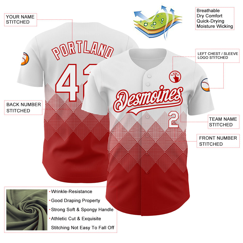 Custom White Red 3D Pattern Design Gradient Square Shapes Authentic Baseball Jersey