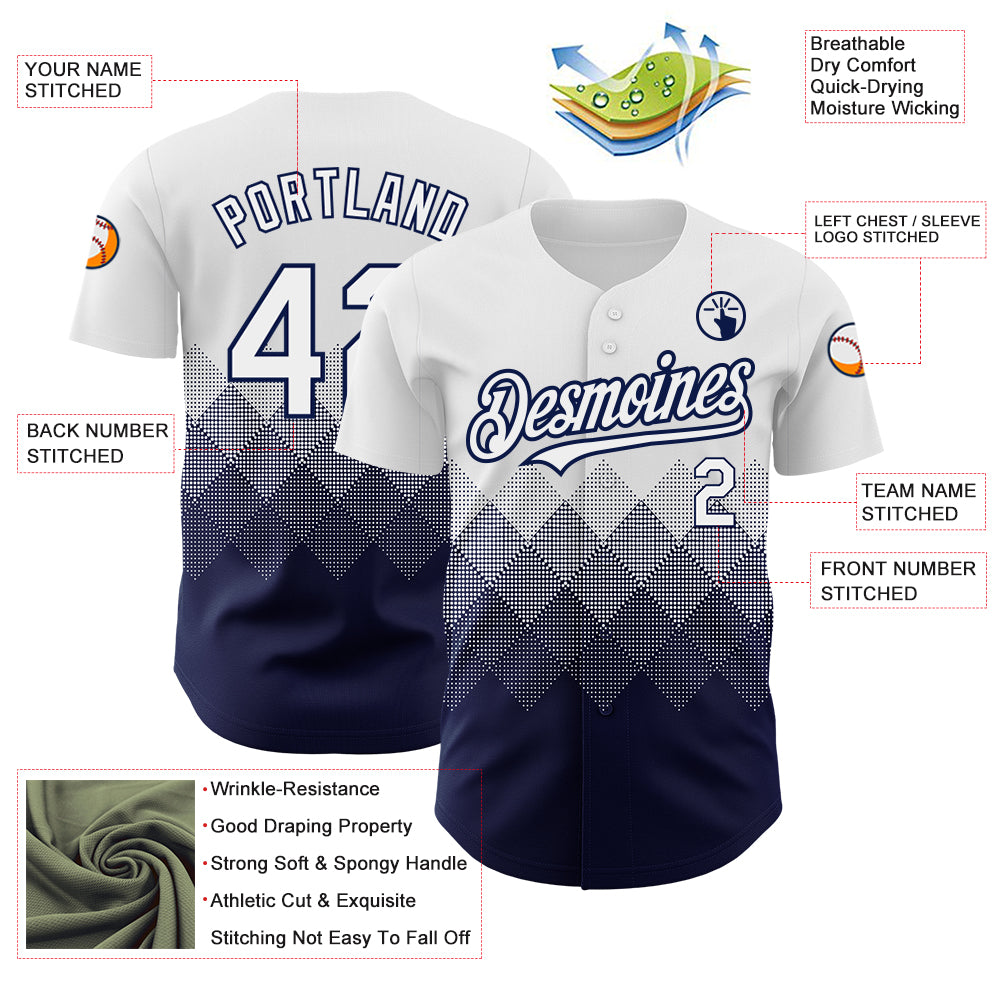Custom White Navy 3D Pattern Design Gradient Square Shapes Authentic Baseball Jersey