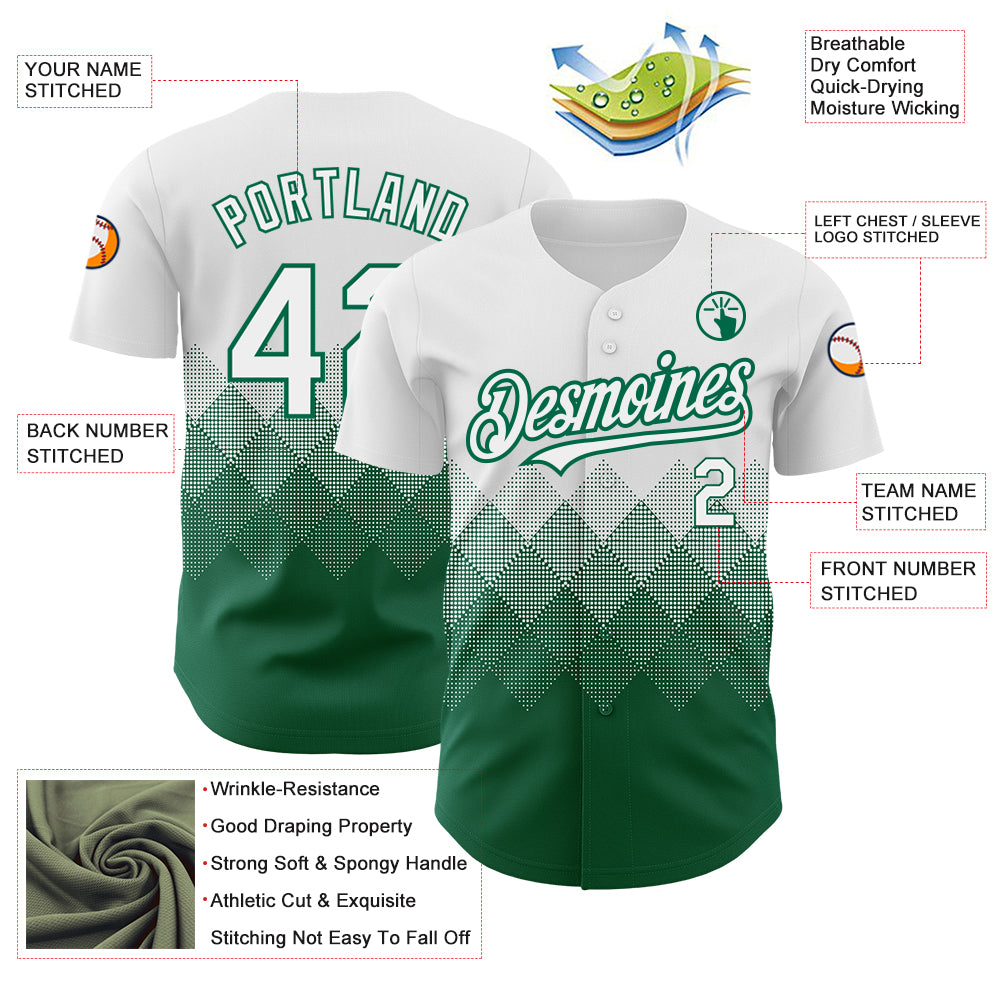 Custom White Kelly Green 3D Pattern Design Gradient Square Shapes Authentic Baseball Jersey