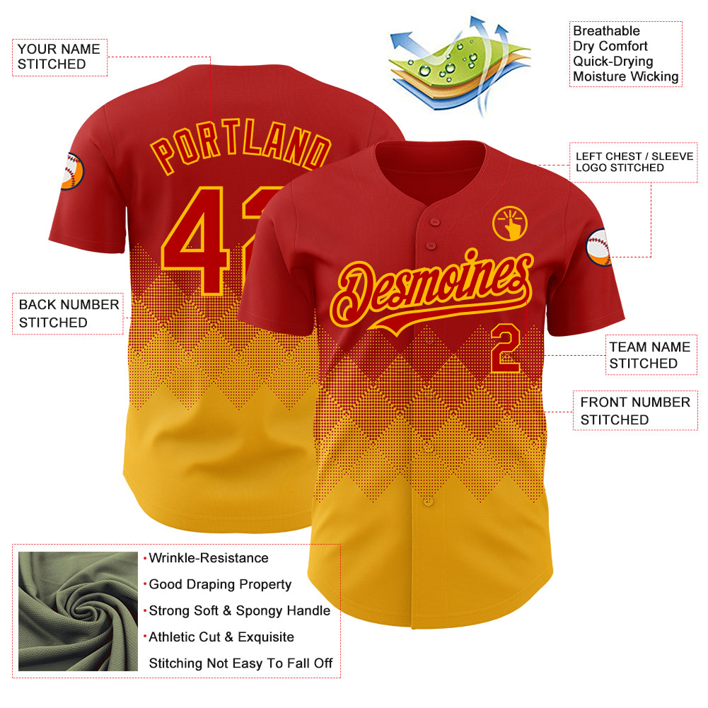 Custom Red Gold 3D Pattern Design Gradient Square Shapes Authentic Baseball Jersey