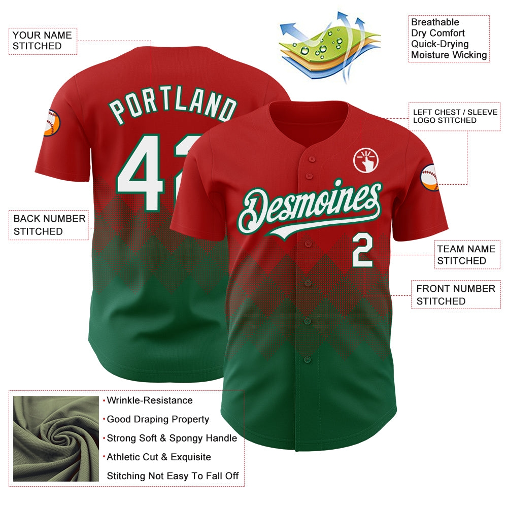 Custom Red White-Kelly Green 3D Pattern Design Gradient Square Shapes Authentic Baseball Jersey