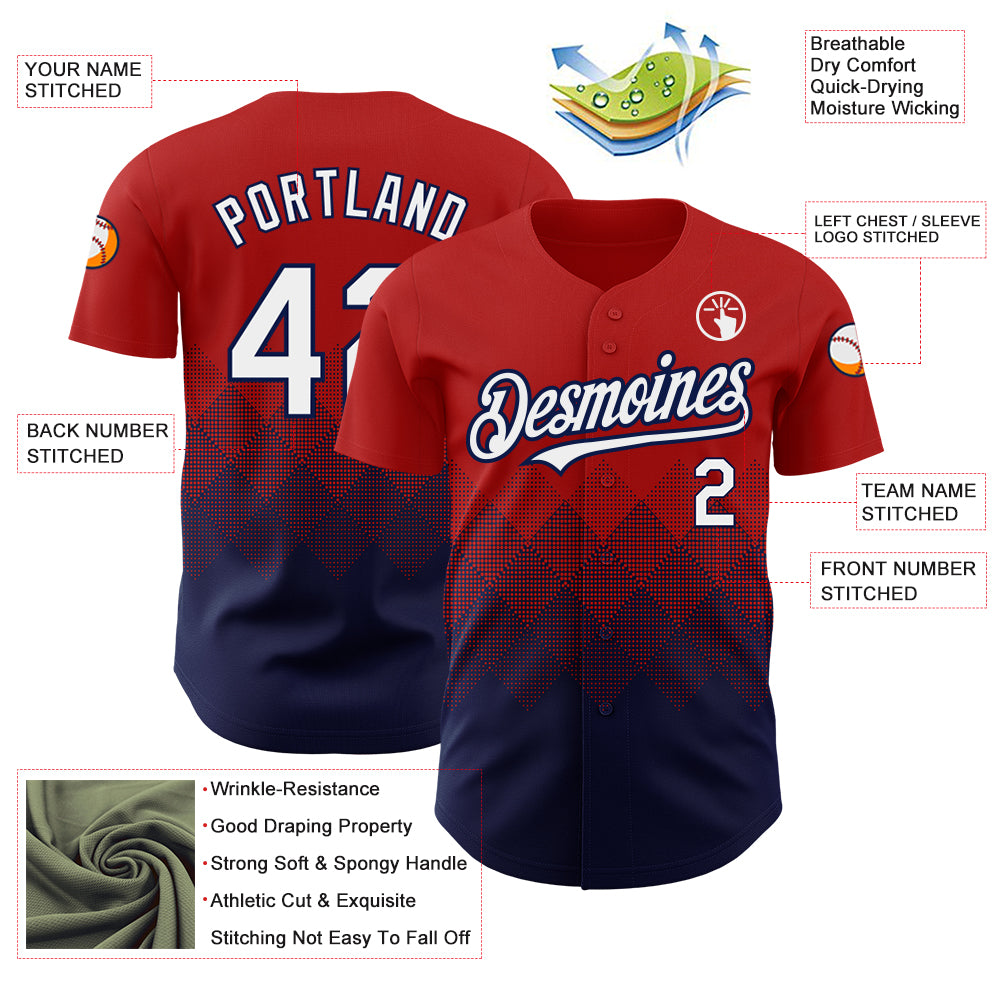 Custom Red White-Navy 3D Pattern Design Gradient Square Shapes Authentic Baseball Jersey