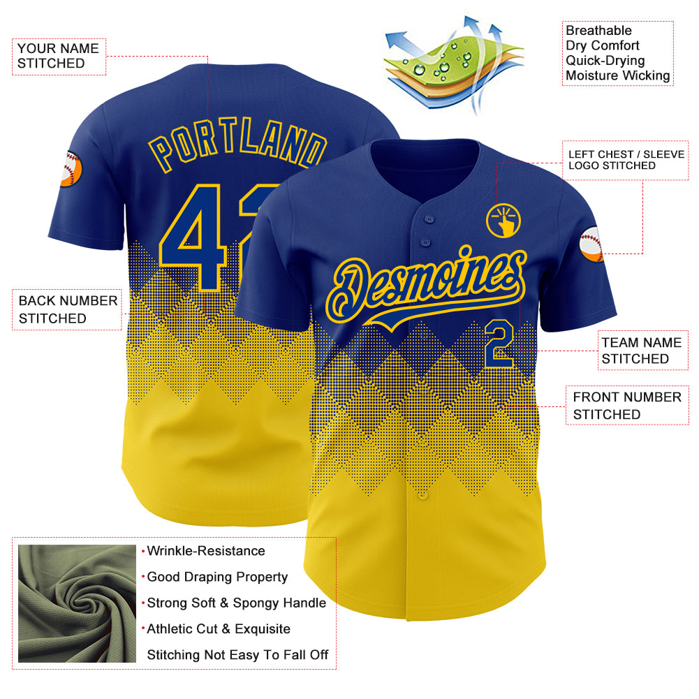 Custom Royal Yellow 3D Pattern Design Gradient Square Shapes Authentic Baseball Jersey