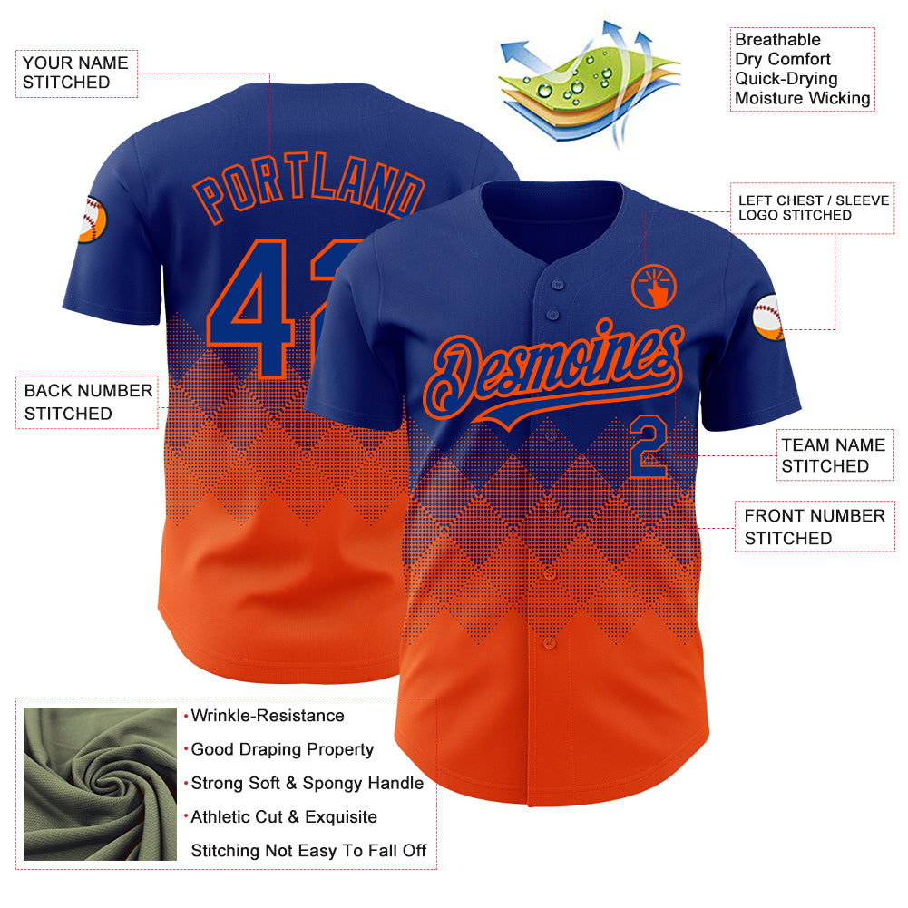Custom Royal Orange 3D Pattern Design Gradient Square Shapes Authentic Baseball Jersey
