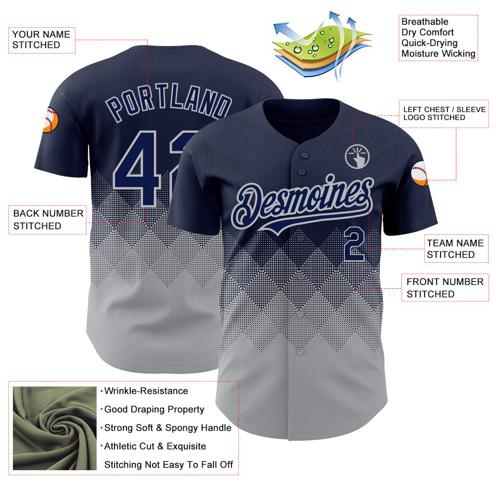 Custom Navy Gray 3D Pattern Design Gradient Square Shapes Authentic Baseball Jersey