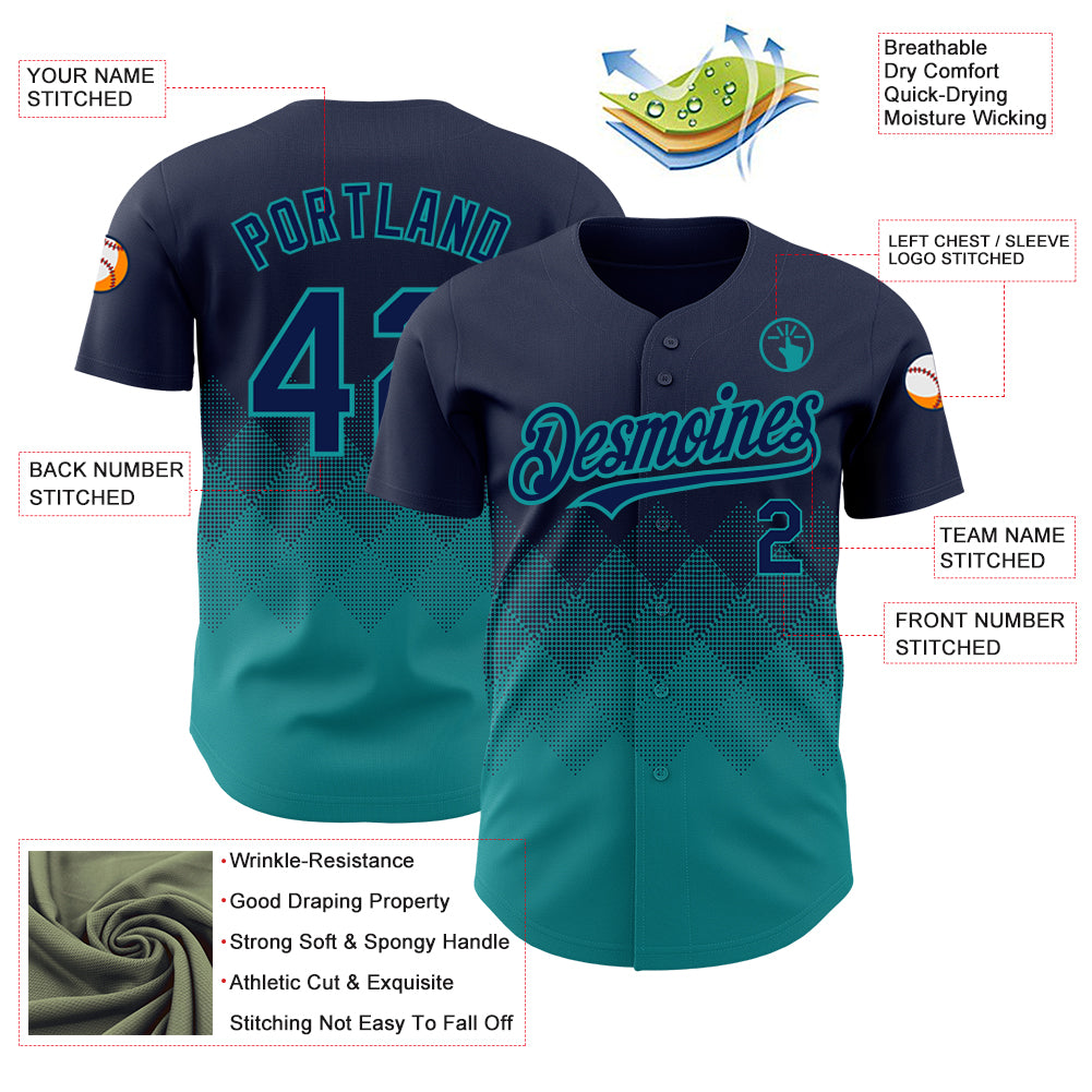 Custom Navy Teal 3D Pattern Design Gradient Square Shapes Authentic Baseball Jersey