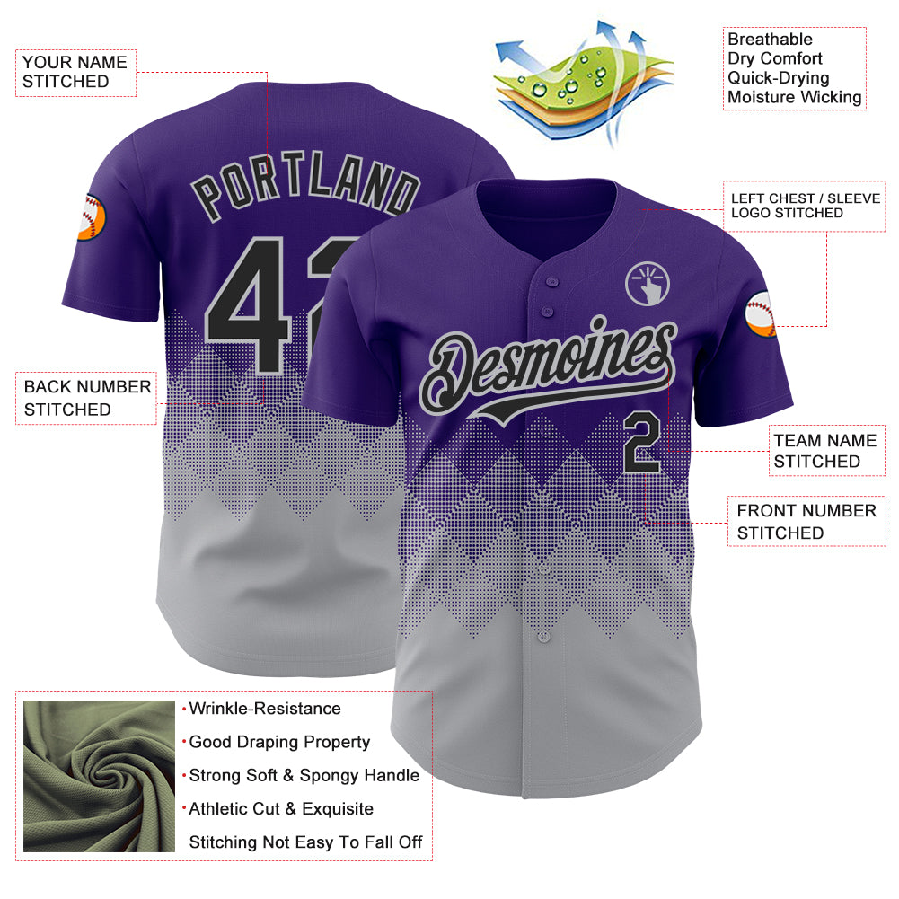 Custom Purple Black-Gray 3D Pattern Design Gradient Square Shapes Authentic Baseball Jersey