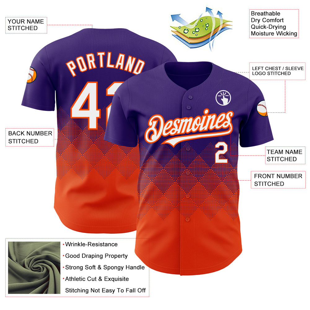 Custom Purple White-Orange 3D Pattern Design Gradient Square Shapes Authentic Baseball Jersey