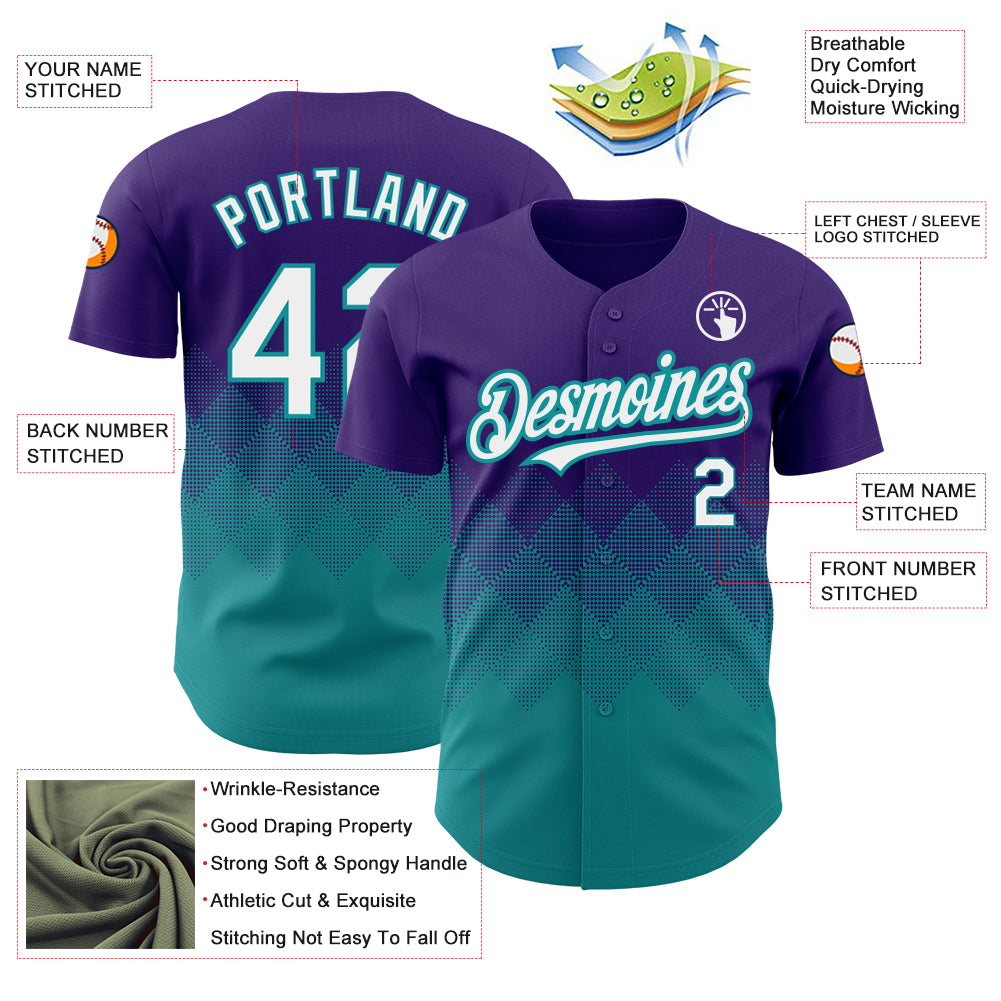 Custom Purple White-Teal 3D Pattern Design Gradient Square Shapes Authentic Baseball Jersey