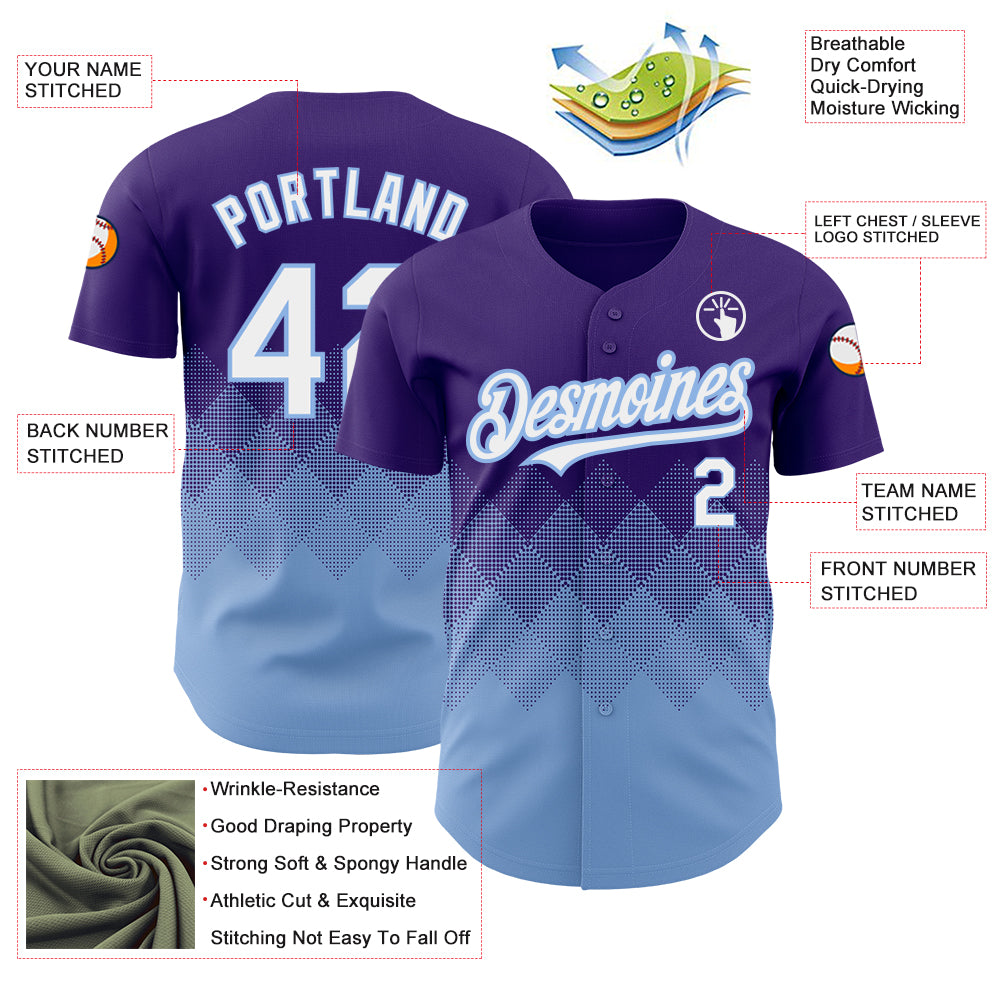 Custom Purple White-Light Blue 3D Pattern Design Gradient Square Shapes Authentic Baseball Jersey