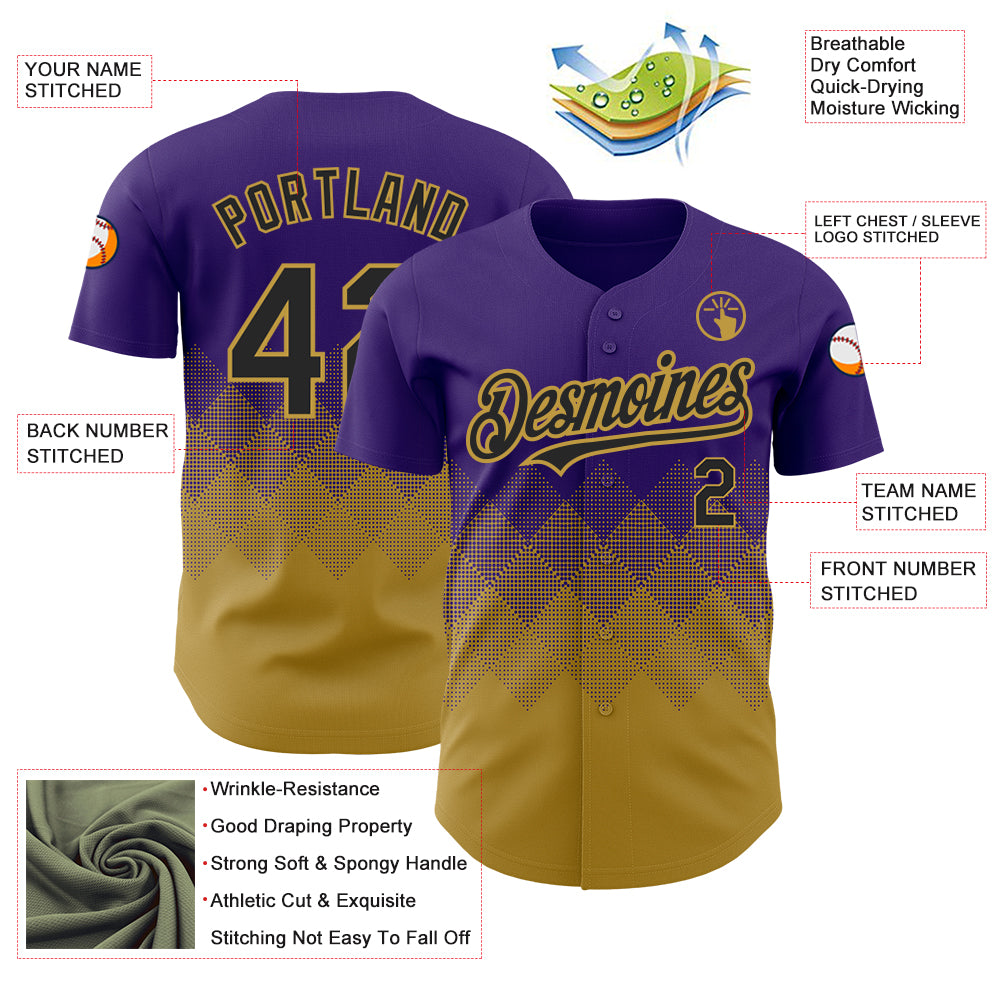 Custom Purple Black-Old Gold 3D Pattern Design Gradient Square Shapes Authentic Baseball Jersey