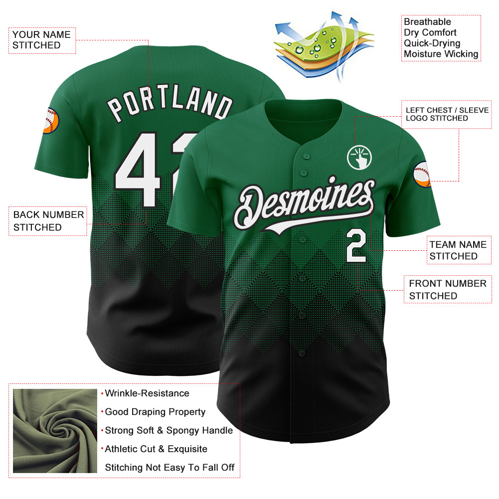 Custom Kelly Green White-Black 3D Pattern Design Gradient Square Shapes Authentic Baseball Jersey