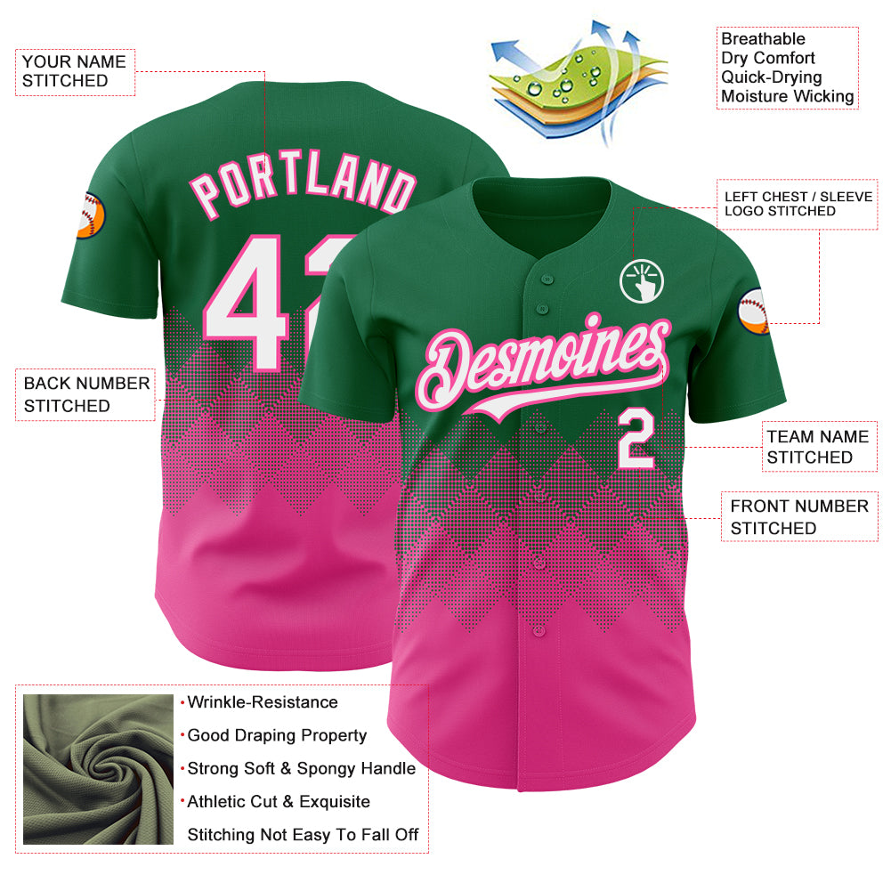 Custom Kelly Green White-Pink 3D Pattern Design Gradient Square Shapes Authentic Baseball Jersey