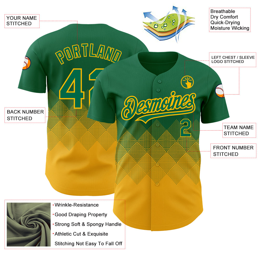 Custom Kelly Green Gold 3D Pattern Design Gradient Square Shapes Authentic Baseball Jersey
