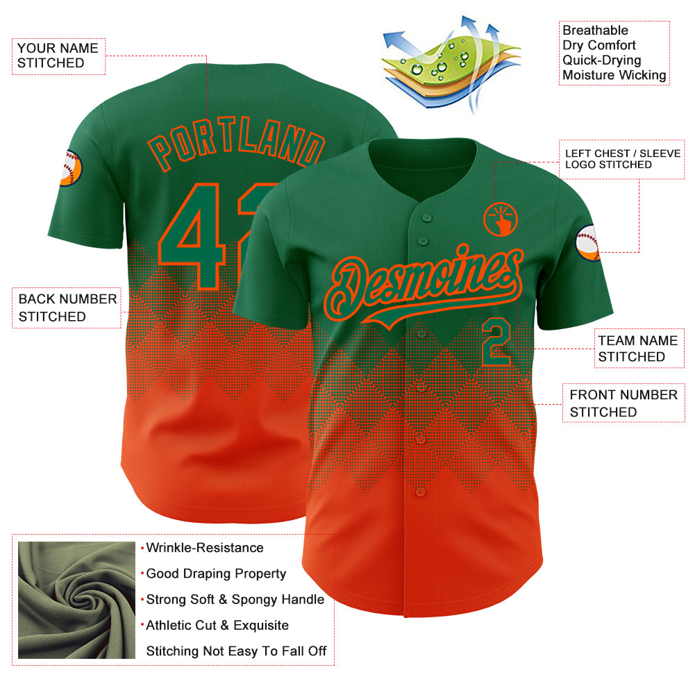 Custom Kelly Green Orange 3D Pattern Design Gradient Square Shapes Authentic Baseball Jersey