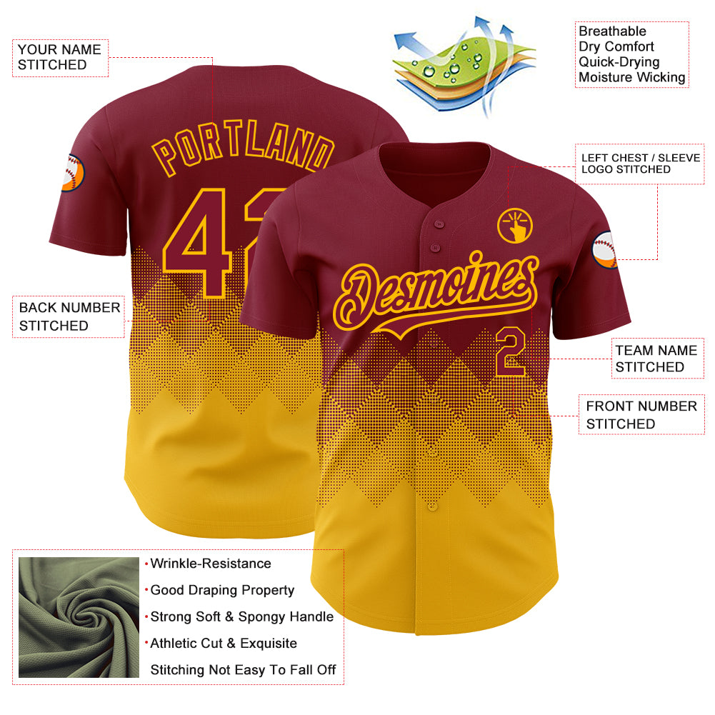 Custom Crimson Gold 3D Pattern Design Gradient Square Shapes Authentic Baseball Jersey