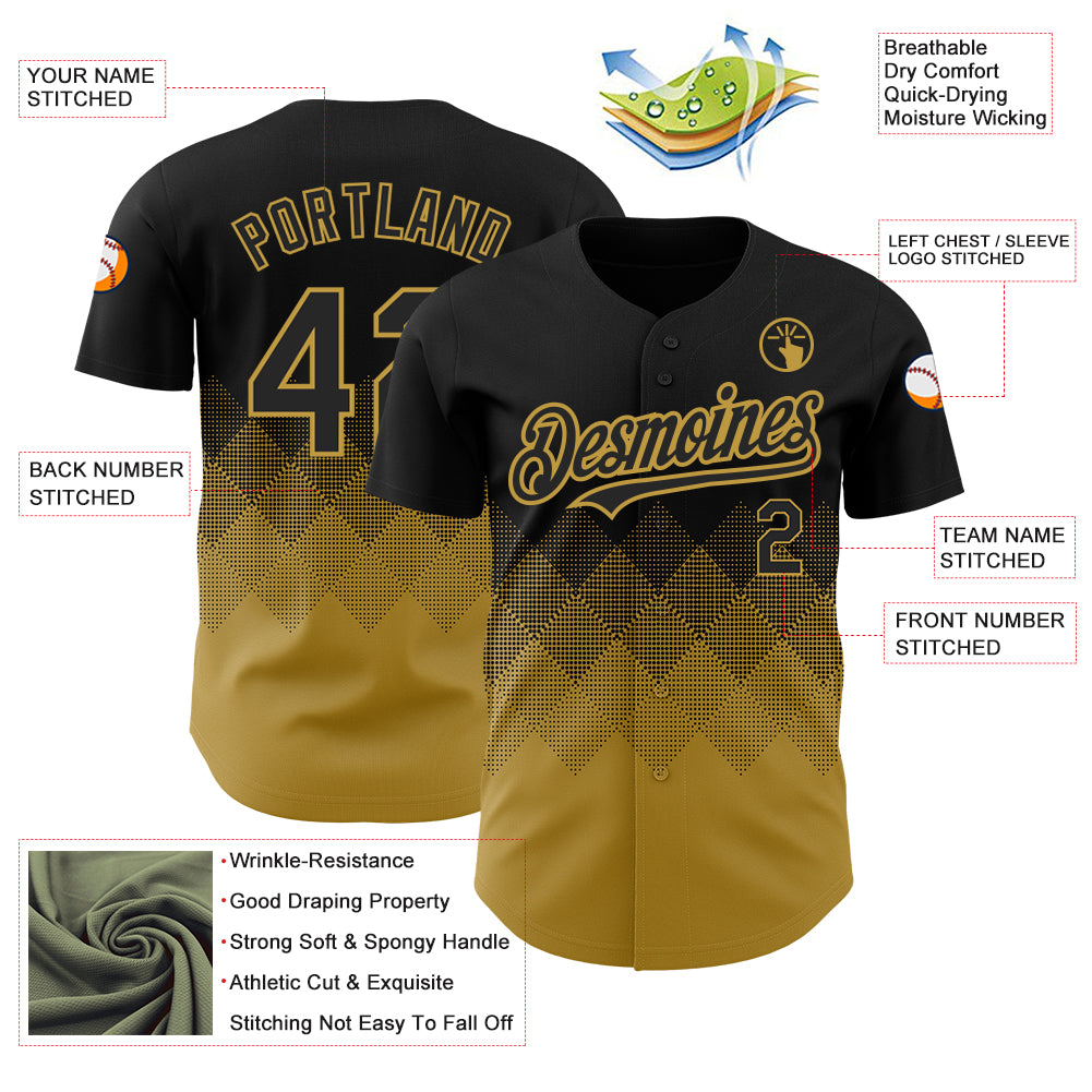 Custom Black Old Gold 3D Pattern Design Gradient Square Shapes Authentic Baseball Jersey