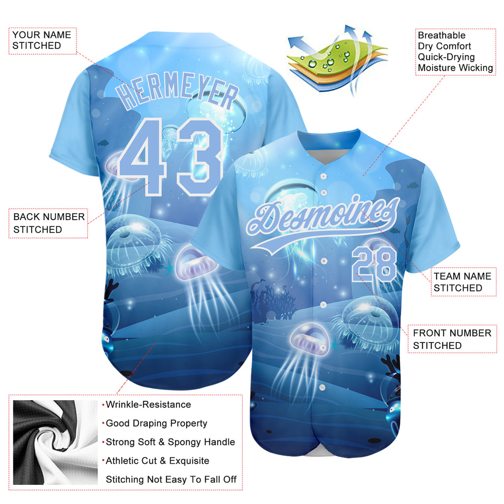 Custom Light Blue White 3D Pattern Design Jellyfish Underwater Life Authentic Baseball Jersey