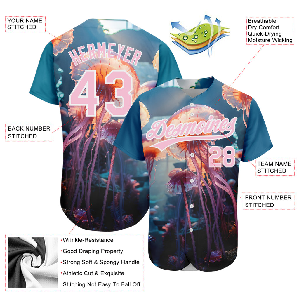 Custom Navy Light Pink-White 3D Pattern Design Jellyfish Floating In The Ocean Authentic Baseball Jersey