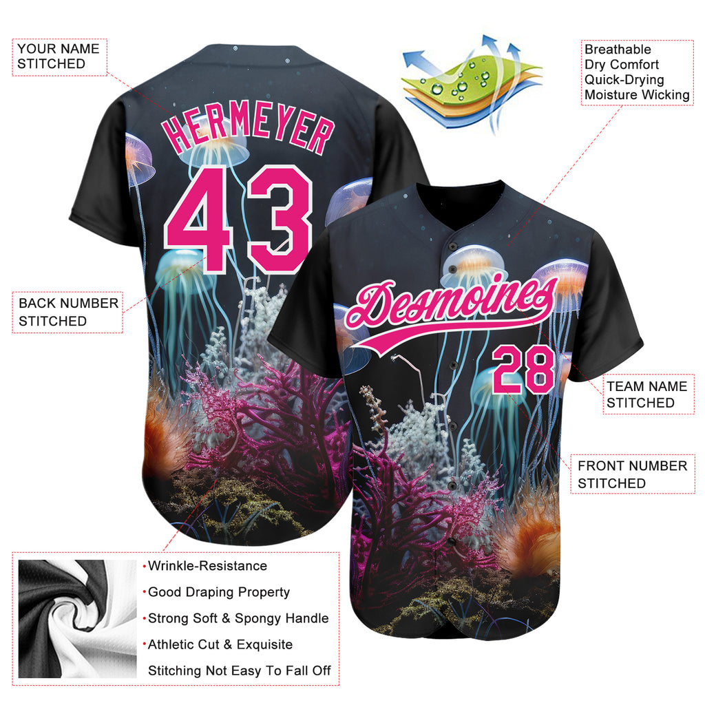 Custom Navy Hot Pink-White 3D Pattern Design Jellyfish Underwater Life Authentic Baseball Jersey