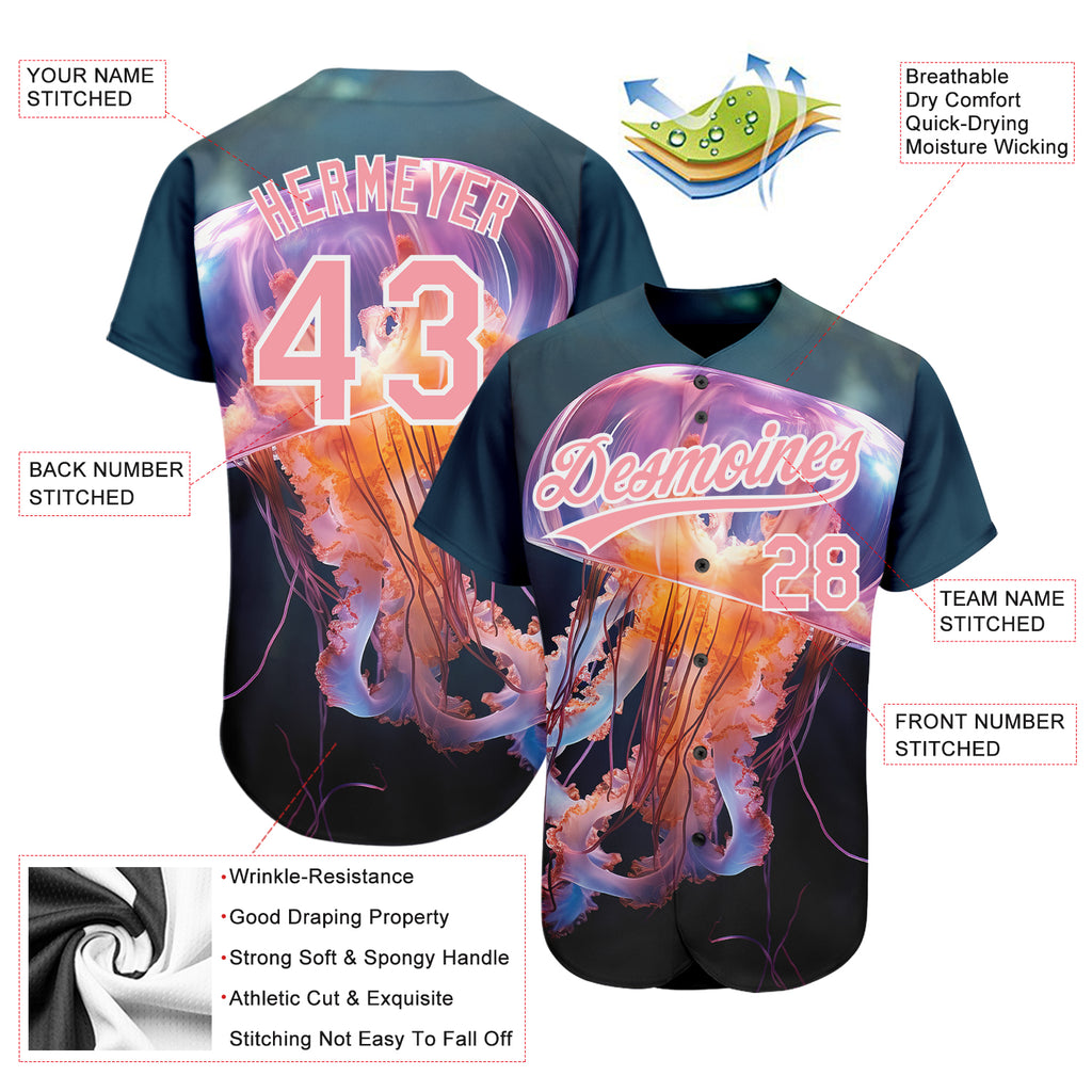 Custom Navy Medium Pink-White 3D Pattern Design Jellyfish Swimming In The Water Authentic Baseball Jersey