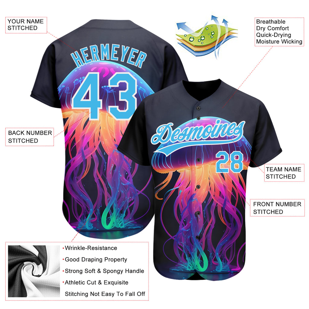 Custom Black Sky Blue-White 3D Pattern Design Neon Jellyfish Authentic Baseball Jersey