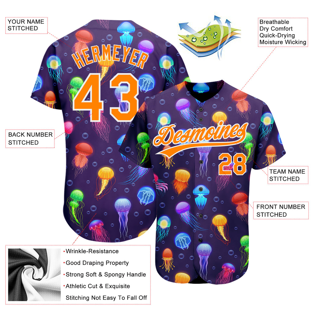 Custom Purple Bay Orange-White 3D Pattern Design Colorful Cartoon Jellyfish Authentic Baseball Jersey
