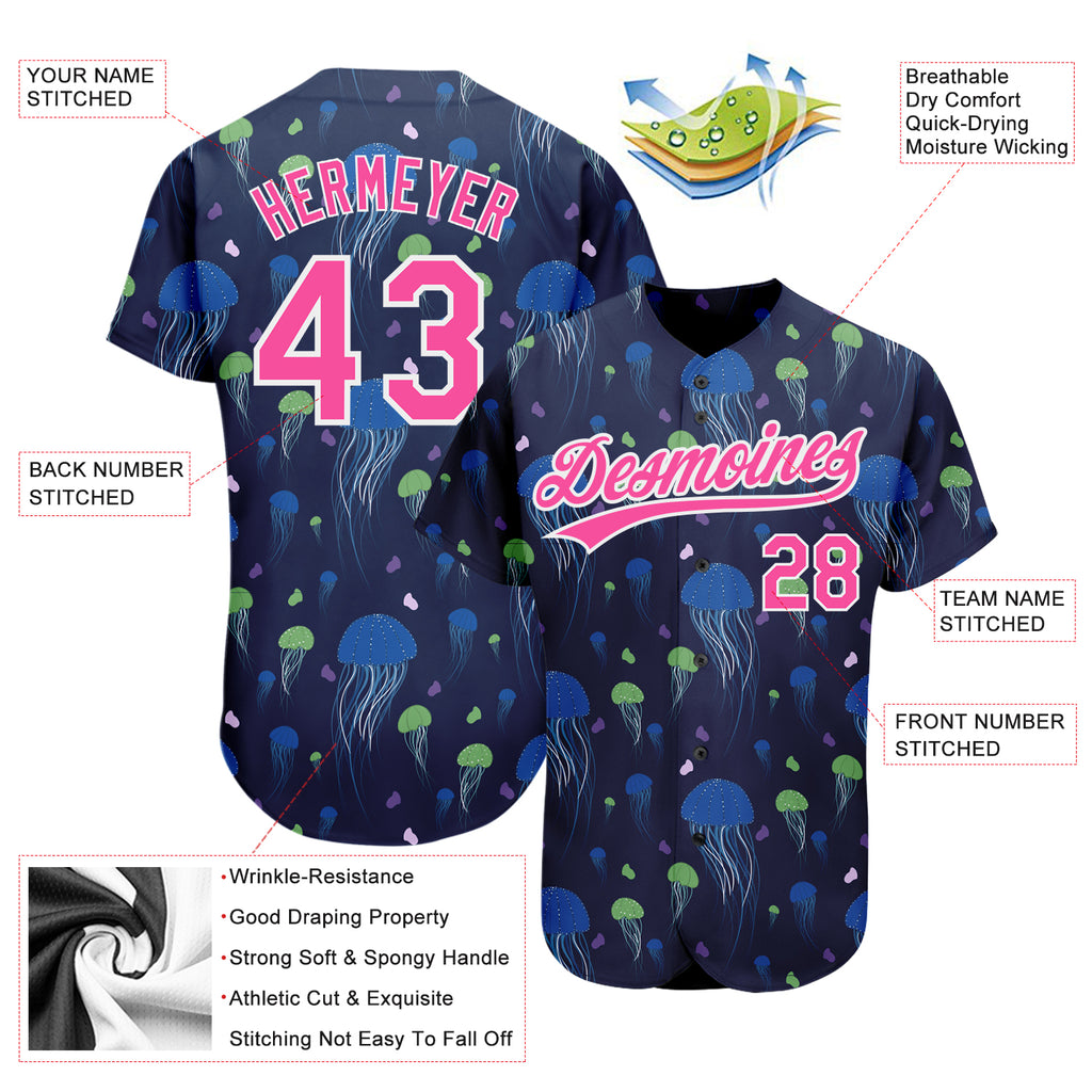 Custom Navy Pink-White 3D Pattern Design Jellyfish Authentic Baseball Jersey