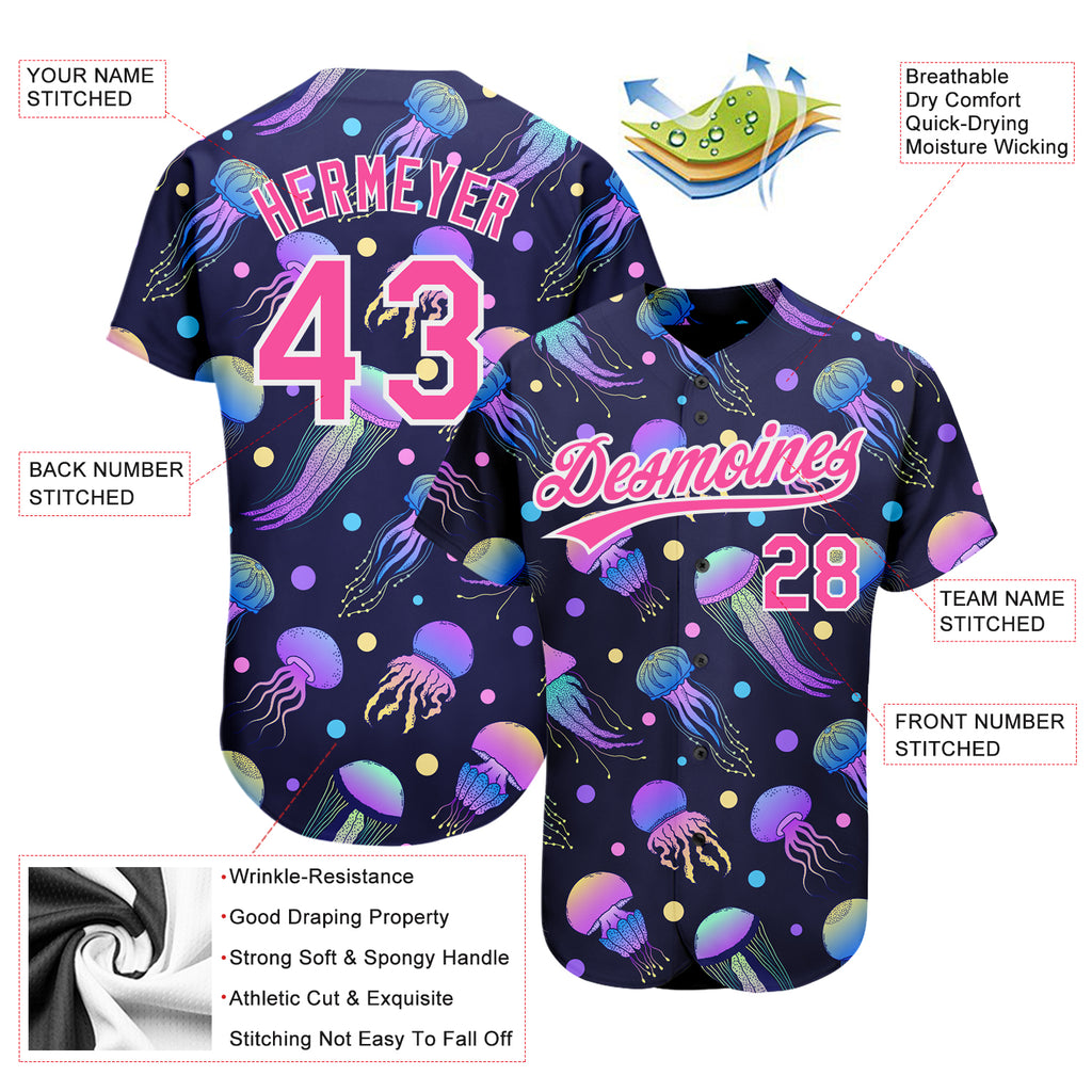 Custom Navy Pink-White 3D Pattern Design Colorful Cartoon Jellyfish Authentic Baseball Jersey