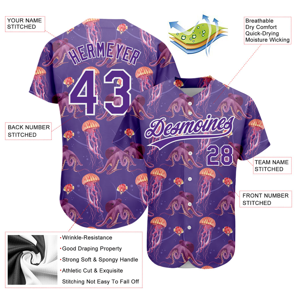 Custom Purple White 3D Pattern Design Jellyfish And Octopus Authentic Baseball Jersey