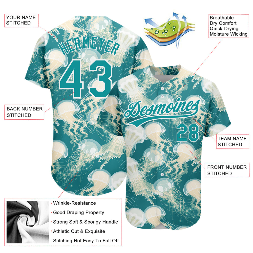 Custom Teal White 3D Pattern Design Jellyfish Authentic Baseball Jersey